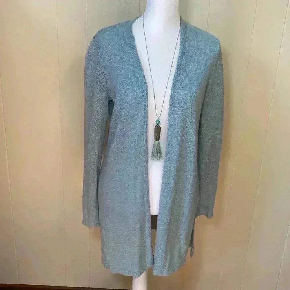 J Jill Linen/Viscose Blend Open Front Cardigan, Size XS in Sea Glass Blue/Green.